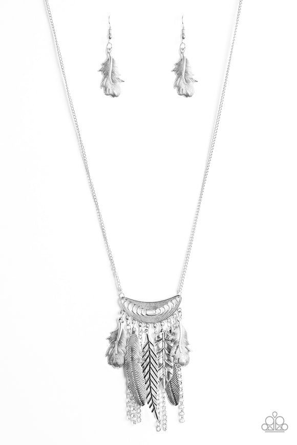 Fiercely Feathered Silver Necklace - Glitzygals5dollarbling Paparazzi Boutique 