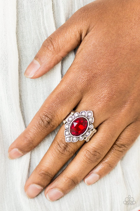 Paparazzi Power Behind The Throne - Red Gem - Marquise Shaped Silver Ring - Glitzygals5dollarbling Paparazzi Boutique 