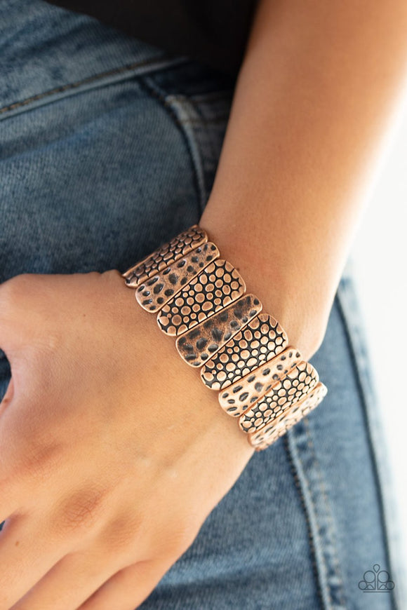 Paparazzi Texture Takedown - Copper - Hammered and Embossed Antiqued - Stretchy Band Bracelet - Glitzygals5dollarbling Paparazzi Boutique 