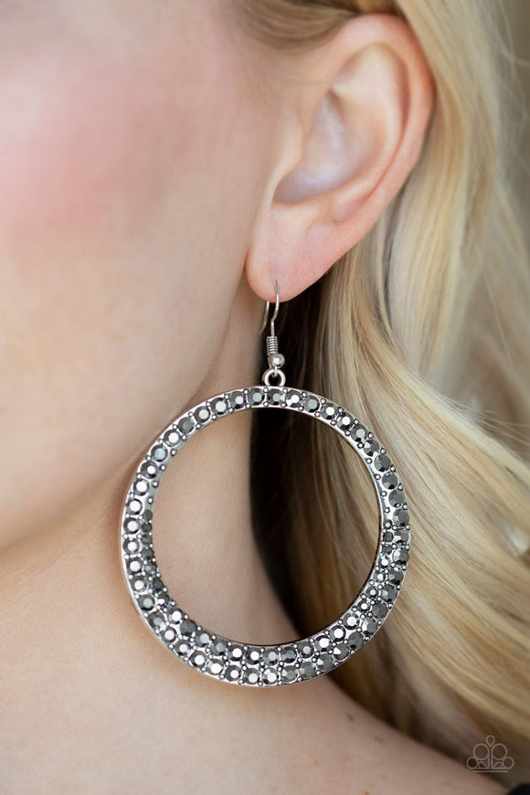 Paparazzi So Demanding - Silver - Hematite Rhinestones - Silver Hoop Earrings - Glitzygals5dollarbling Paparazzi Boutique 