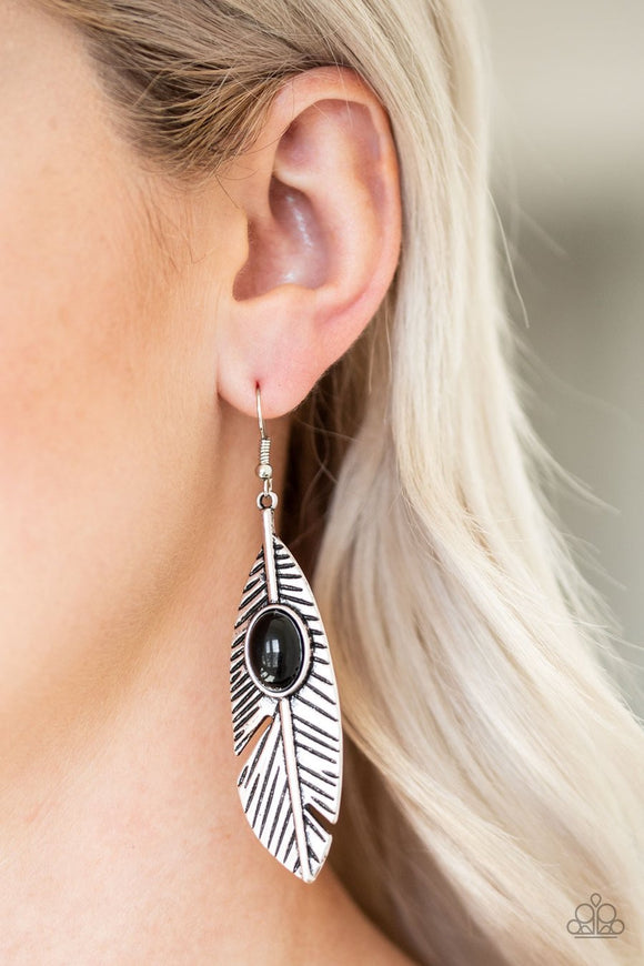 Paparazzi Paparazzi Quill Thrill - Black Bead - Silver Feather Earrings - Glitzygals5dollarbling Paparazzi Boutique 