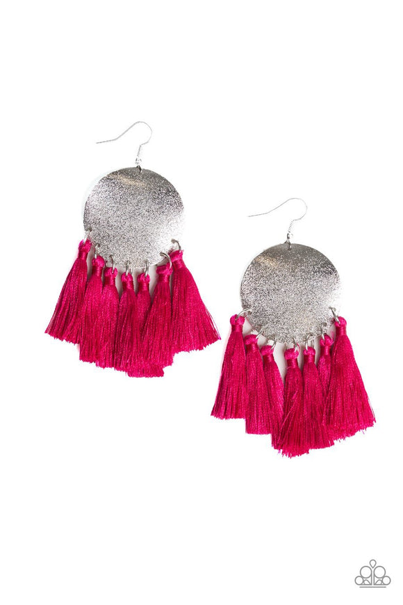 Paparazzi Tassel Tribute - Pink - Thread / Fringe - Silver Disc - Earrings - Glitzygals5dollarbling Paparazzi Boutique 