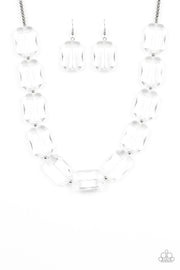 Paparazzi The ICE President - White - Emerald Cut Glassy Acrylic Beads - Silver Necklace and matching Earrings - Glitzygals5dollarbling Paparazzi Boutique 