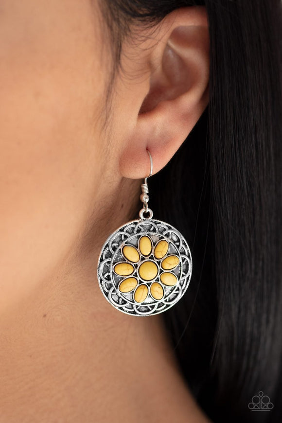Paparazzi Mesa Oasis - Yellow - Ornate Silver Frame - Earrings - Glitzygals5dollarbling Paparazzi Boutique 