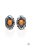 Paparazzi Stone Tiki - Orange Stone - Silver Ornate Studded - Post Earrings - Glitzygals5dollarbling Paparazzi Boutique 