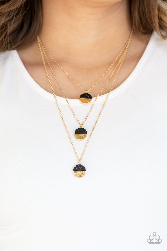 Paparazzi Rural Reconstruction - Black - Stone Accents - Trio of Gold Discs - Gold Necklace and matching Earrings - Glitzygals5dollarbling Paparazzi Boutique 