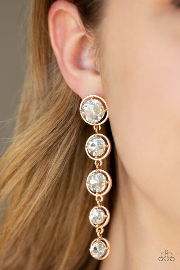Paparazzi Drippin In Starlight - Gold - White Rhinestone Gems - Post Earrings - Glitzygals5dollarbling Paparazzi Boutique 