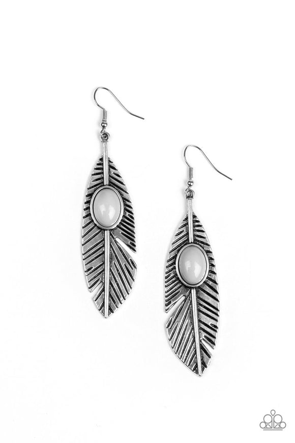 Paparazzi Quill Thrill - Silver - Gray Bead - Feather Earrings - Glitzygals5dollarbling Paparazzi Boutique 