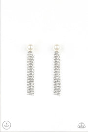 Paparazzi Rebel Refinement - White Pearl - Silver Double Sided Tasseled Earrings - Glitzygals5dollarbling Paparazzi Boutique 