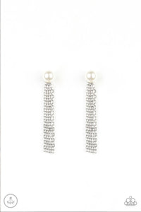 Paparazzi Rebel Refinement - White Pearl - Silver Double Sided Tasseled Earrings - Glitzygals5dollarbling Paparazzi Boutique 