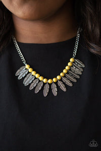 Paparazzi Desert Plumes - Yellow Stone - Silver Feathers - Necklace and matching Earrings - Glitzygals5dollarbling Paparazzi Boutique 