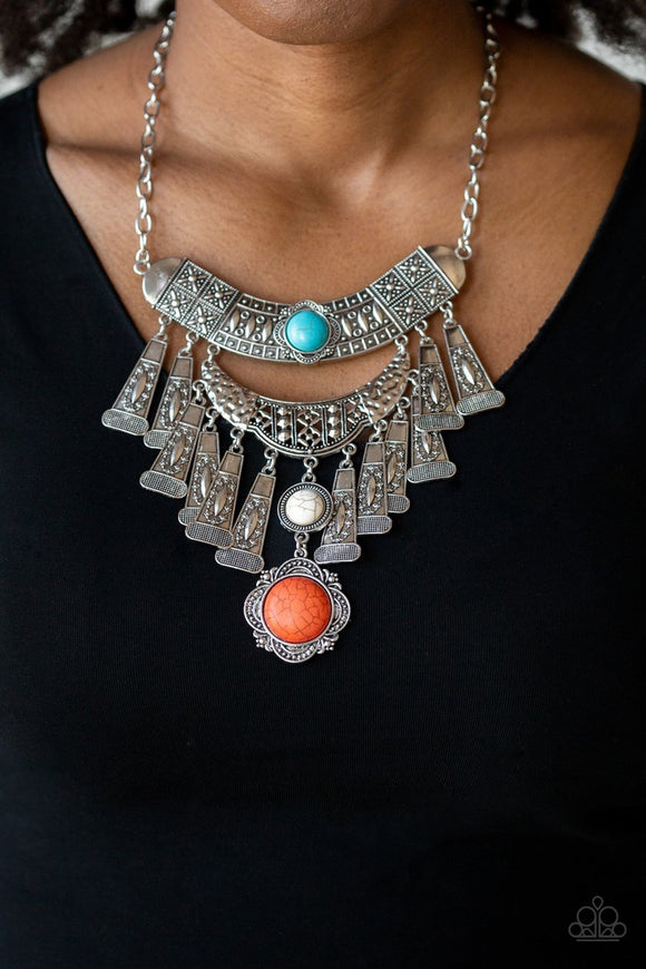 Paparazzi Sahara Royal - Multi - Turquoise and Orange Stones - Hammered, Studded, Embossed - Necklace and matching Earrings - Glitzygals5dollarbling Paparazzi Boutique 