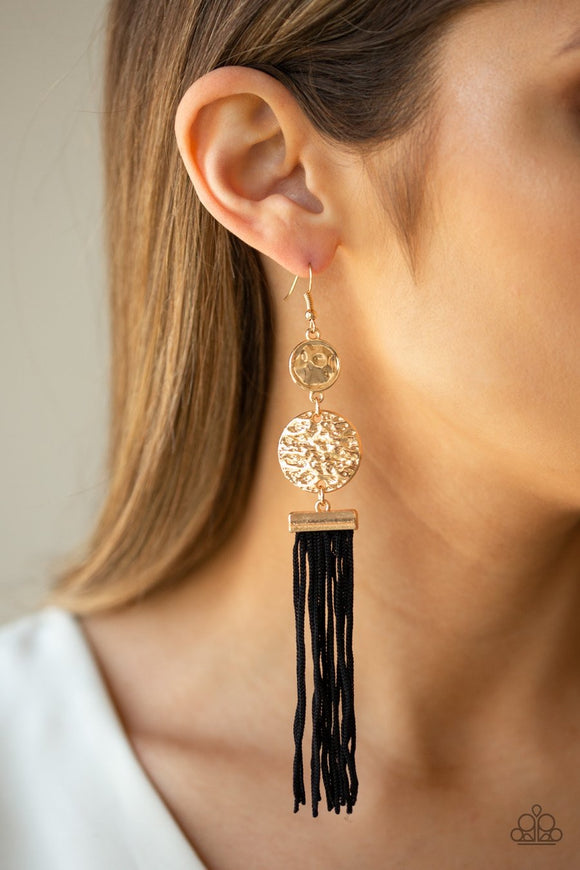 Paparazzi Lotus Gardens - Gold - Black Cording / Thread / Tassel Streams - Hammered Discs - Earrings - Life of the Party Exclusive - October 2019 - Glitzygals5dollarbling Paparazzi Boutique 