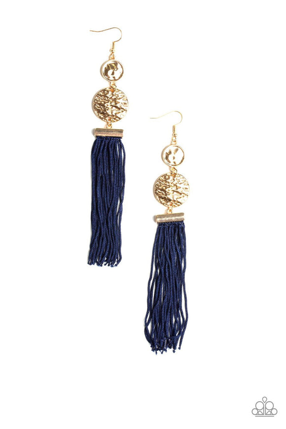 Paparazzi Lotus Gardens - Gold - Blue Cording / Thread / Tassel Streams - Hammered Gold Discs - Earrings - Glitzygals5dollarbling Paparazzi Boutique 