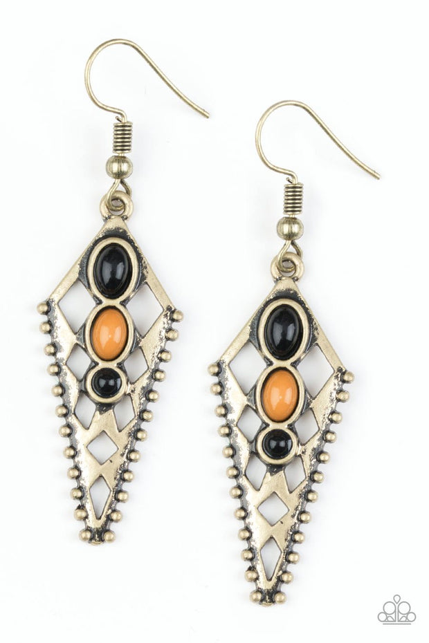 Paparazzi Terra Territory - Brass - Meerkat Beads - Ornate Triangular Tribal Earrings - Glitzygals5dollarbling Paparazzi Boutique 