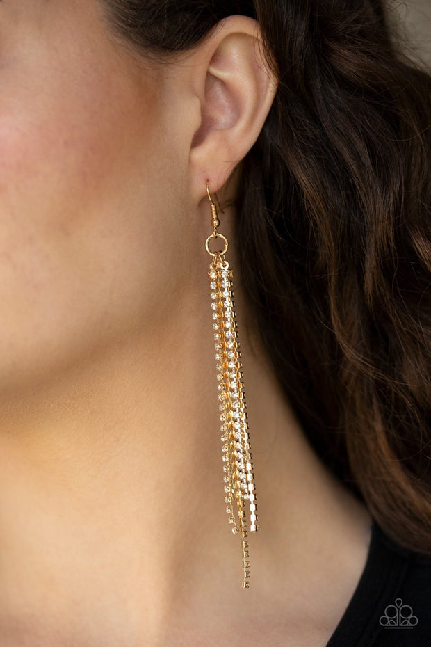 Paparazzi Center Stage Status - Gold - White Rhinestones - Earrings - Glitzygals5dollarbling Paparazzi Boutique 