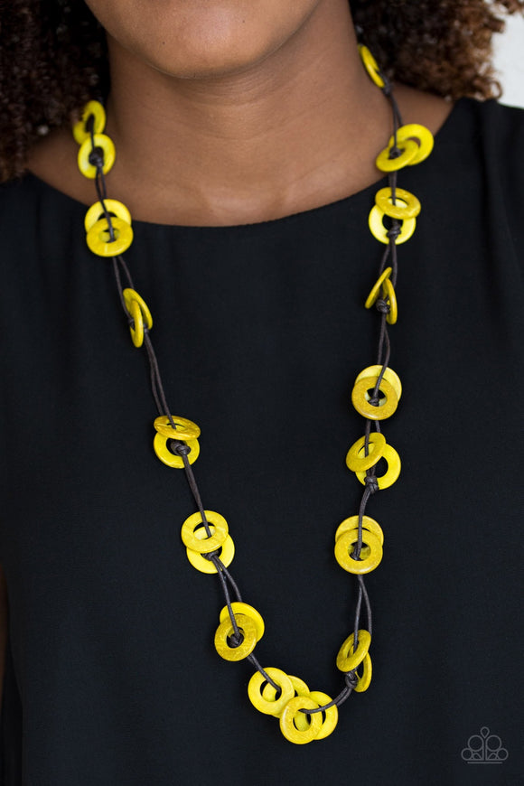 Paparazzi Waikiki Winds - Yellow Wooden Necklace and matching Earrings - Glitzygals5dollarbling Paparazzi Boutique 