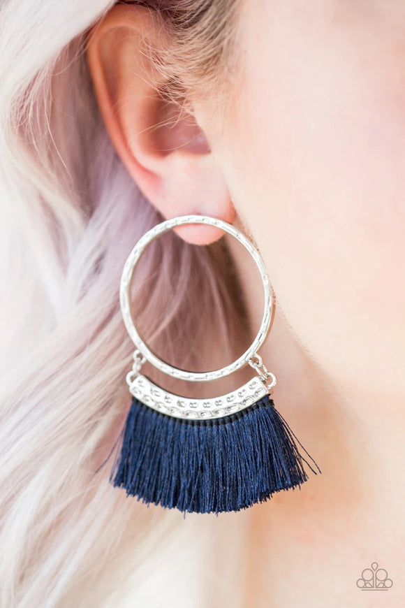 This is Sparta - Blue Fringe Hoop Earrings - Paparazzi Accessories - Glitzygals5dollarbling Paparazzi Boutique 