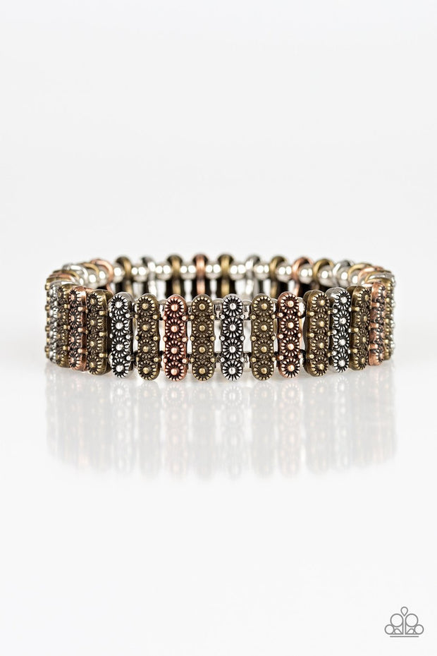 Paparazzi Rise With The Sun - Multi - Silver, Brass, Copper Frames - Stretchy Band Bracelet - Glitzygals5dollarbling Paparazzi Boutique 