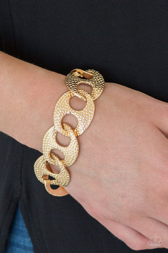 Paparazzi Casual Connoisseur - Gold - Shimmery Circular Patterns - Bold Bracelet - Glitzygals5dollarbling Paparazzi Boutique 