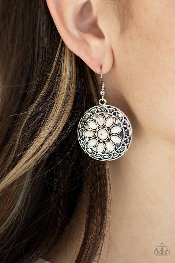 Paparazzi Mesa Oasis - White Stone - Ornate Silver Frame - Earrings - Glitzygals5dollarbling Paparazzi Boutique 