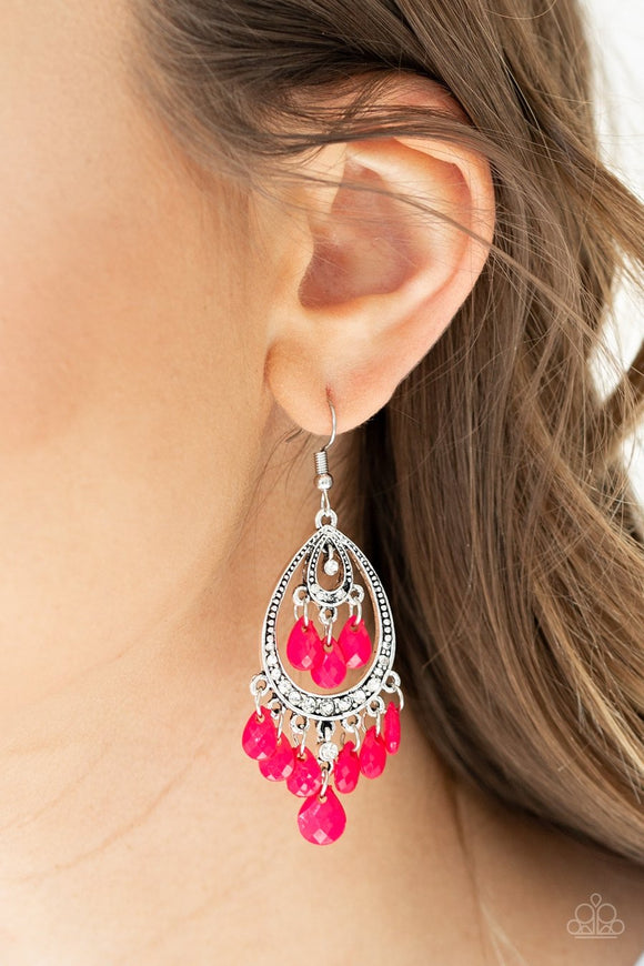 Paparazzi Gorgeously Genie - Pink - Peacock Teardrops - Studded Silver Frame - Earrings - Glitzygals5dollarbling Paparazzi Boutique 