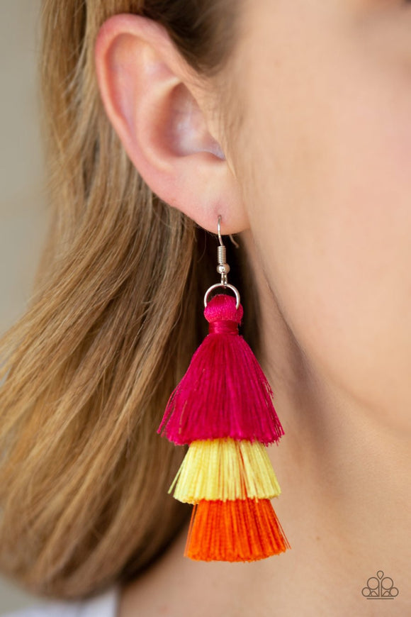 Paparazzi Hold On To Your Tassel! - Multi - Pink, Yellow and Orange Thread / Tassel / Fringe Earrings - Glitzygals5dollarbling Paparazzi Boutique 
