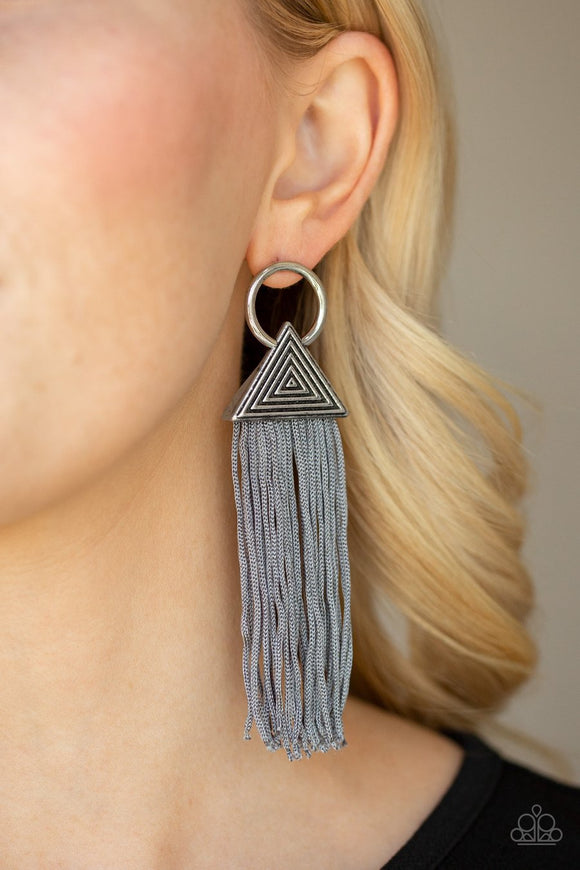 Paparazzi Oh My GIZA - Silver Tasseled Cording / Thread / Fringe - Silver Hoop Post Earrings - Glitzygals5dollarbling Paparazzi Boutique 