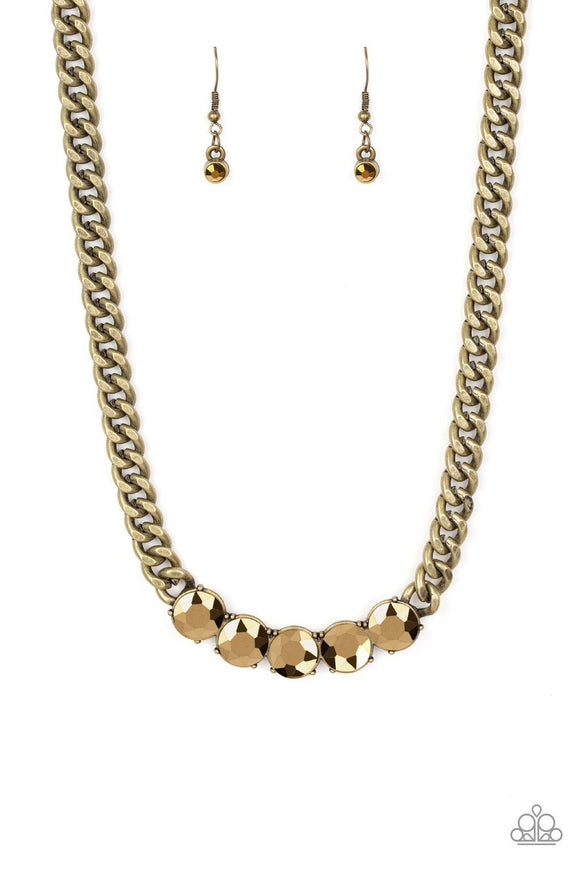 Paparazzi Rhinestone Renegade - Brass - Aurum Rhinestones - Bold Statement Necklace and matching Earrings - Glitzygals5dollarbling Paparazzi Boutique 