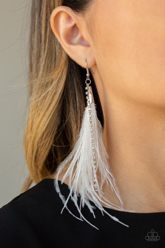 Paparazzi Showstopping Showgirl - White Feathers - White Rhinestones - Earrings - Glitzygals5dollarbling Paparazzi Boutique 