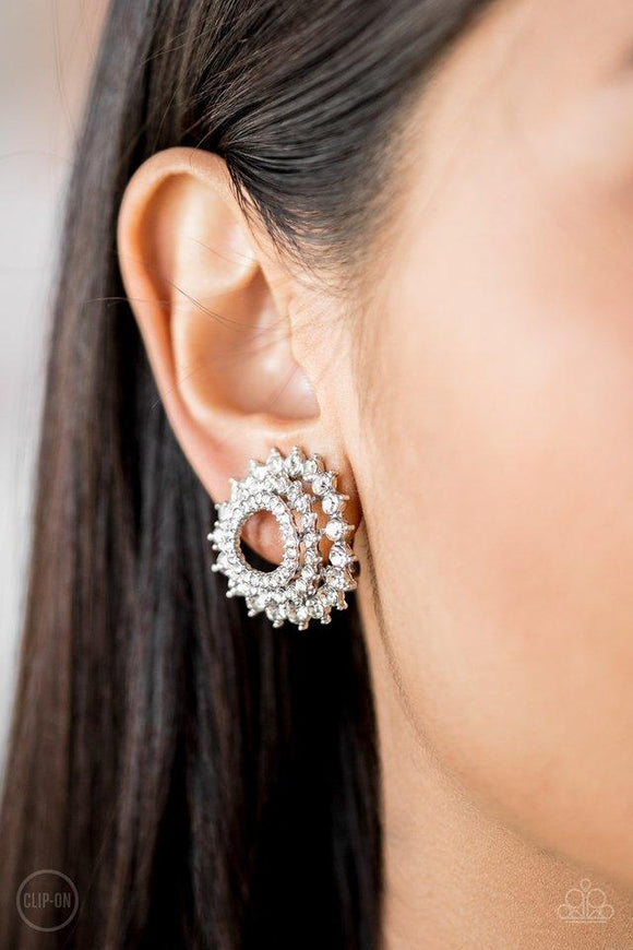 Paparazzi Earring ~ Buckingham Beauty - White Clip-On - Glitzygals5dollarbling Paparazzi Boutique 