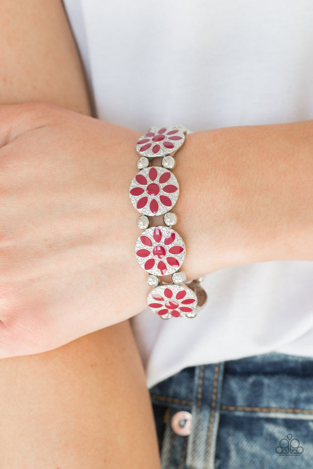 Paparazzi Dancing Dahlias - Red - Silver Stretchy Band Bracelet - Glitzygals5dollarbling Paparazzi Boutique 