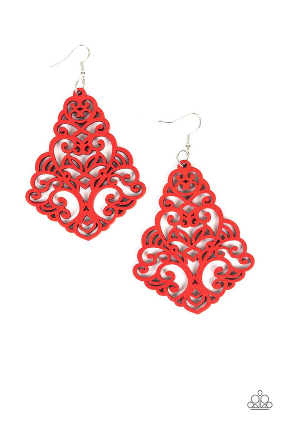 Paparazzi Powers of ZEN - Red - Wooden Filigree Detail - Earrings - Glitzygals5dollarbling Paparazzi Boutique 
