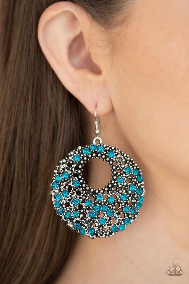 Paparazzi Starry Showcase - Blue Rhinestones - Antiqued Silver Hoop Earrings - Glitzygals5dollarbling Paparazzi Boutique 