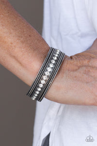 Paparazzi Empress Etiquette - WHITE Rhinestones - Silver Studded Cuff Bracelet - Glitzygals5dollarbling Paparazzi Boutique 