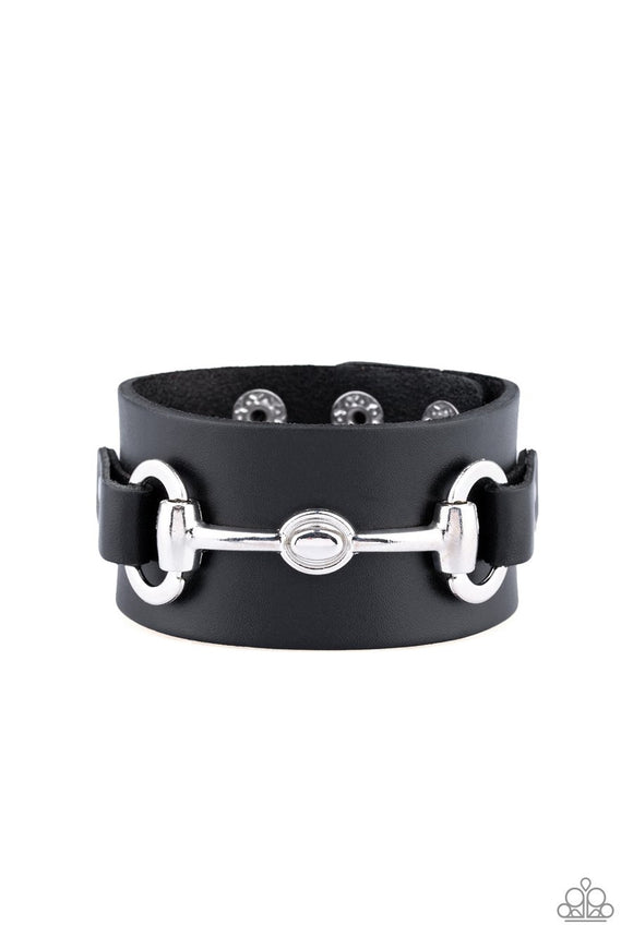 Paparazzi Biker Band - Black Leather - Urban Snap Bracelet - Glitzygals5dollarbling Paparazzi Boutique 