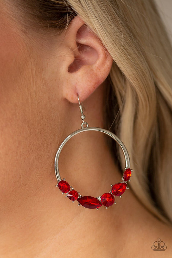 Paparazzi Legendary Luminescence - Red Rhinestones - Silver Hoop Earrings - Glitzygals5dollarbling Paparazzi Boutique 