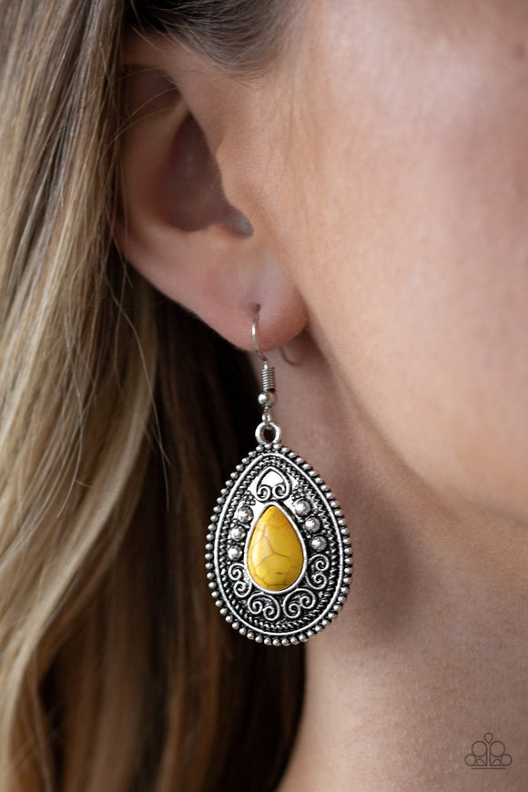 Paparazzi Desert Nirvana - Yellow Stone - Teardrop Antiqued Filigree - Earrings - Glitzygals5dollarbling Paparazzi Boutique 