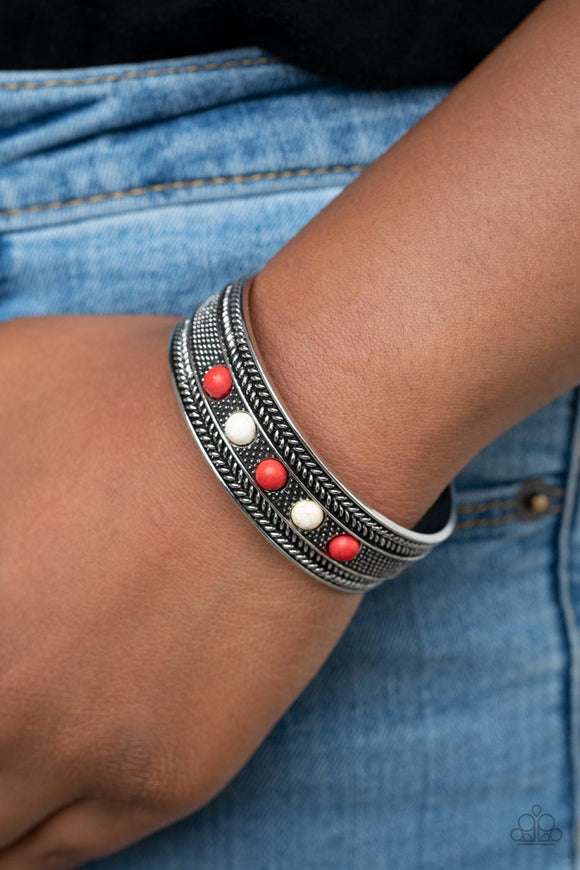 Paparazzi Quarry Quake - Red - White Stone Beads - Ornate Silver Cuff Bracelet - Glitzygals5dollarbling Paparazzi Boutique 