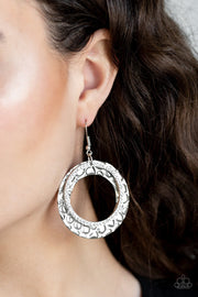 Paparazzi Cinematic Shimmer - White Rhinestones - Silver Thick Hoop - Earrings - Life of the Party Exclusive September 2019 - Glitzygals5dollarbling Paparazzi Boutique 