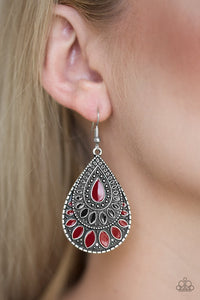 Paparazzi Westside Wildside - Red - Black Accents - Silver Teardrop Earrings - Glitzygals5dollarbling Paparazzi Boutique 