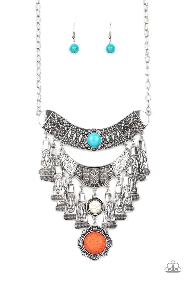 Paparazzi Sahara Royal - Multi - Turquoise and Orange Stones - Hammered, Studded, Embossed - Necklace and matching Earrings - Glitzygals5dollarbling Paparazzi Boutique 