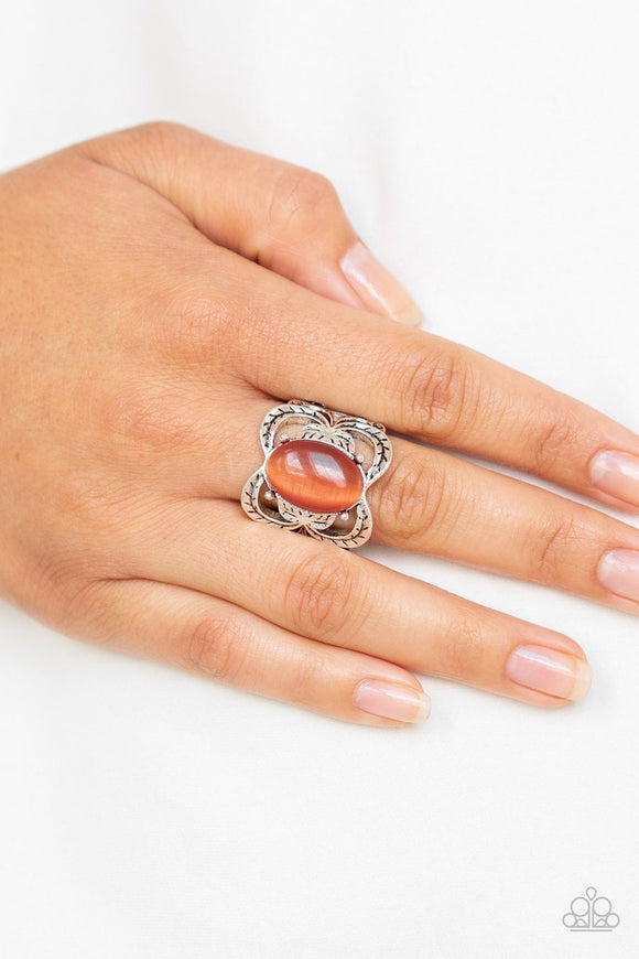 Paparazzi Go For Glow - Orange - Cat's Eye Stone - Silver Etched Leafy - Ring - Glitzygals5dollarbling Paparazzi Boutique 