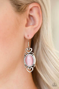 Paparazzi Port Royal Princess - Pink Moonstone - White Rhinestones - Silver Heart - Earrings - Glitzygals5dollarbling Paparazzi Boutique 
