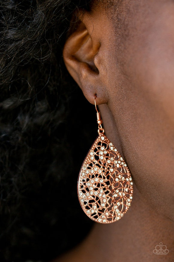 Paparazzi Hustle and Bustle - Copper - White Rhinestones - Filigree Teardrop Earrings - Glitzygals5dollarbling Paparazzi Boutique 
