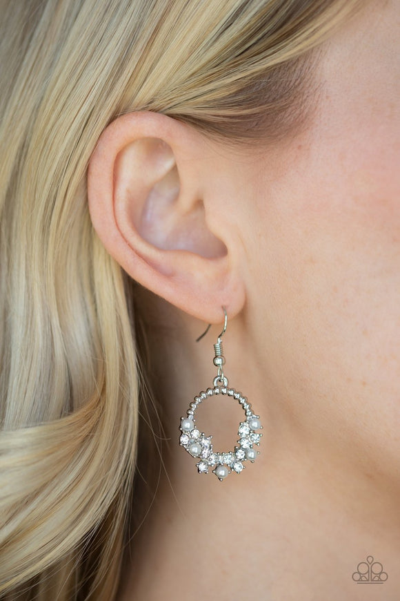 Paparazzi Refined Razzle - White - Pearls and Rhinestones - Silver Hoop Earrings - Glitzygals5dollarbling Paparazzi Boutique 