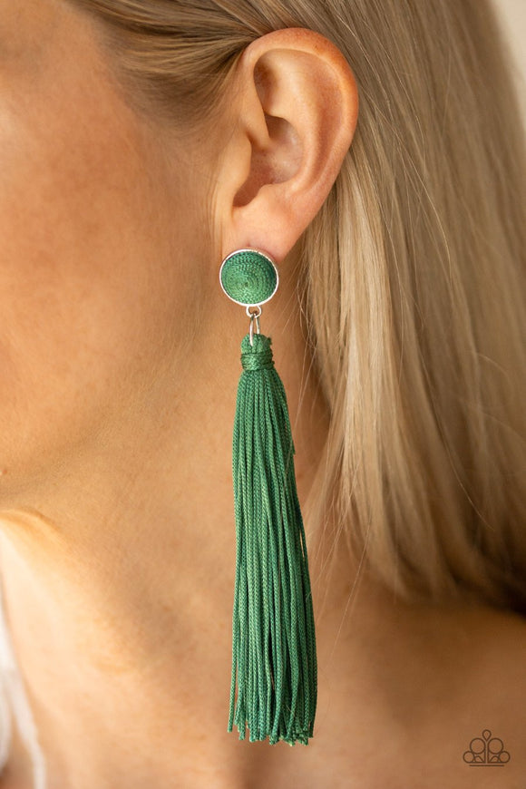 Paparazzi Tightrope Tassel - Green - Cording Thread / Tassel / Fringe - Post Earrings - Glitzygals5dollarbling Paparazzi Boutique 