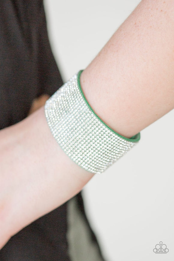 Paparazzi Roll With The Punches - Green - White Rhinestones - Wrap / Snap Bracelet - Glitzygals5dollarbling Paparazzi Boutique 