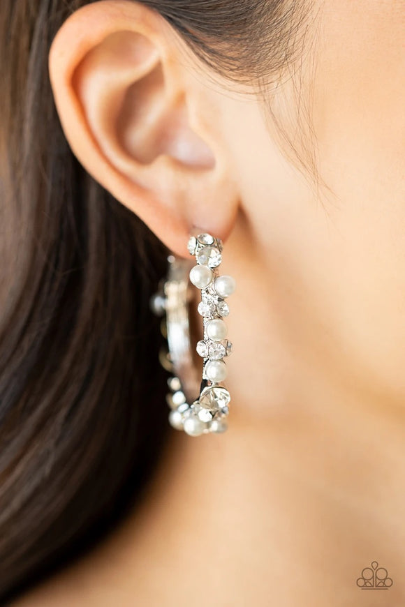 Let There Be SOCIALITE - White Rhinestone & Pearl Hoop Earrings - September 2021 Life Of The Party -Paparazzi - Glitzygals5dollarbling Paparazzi Boutique 