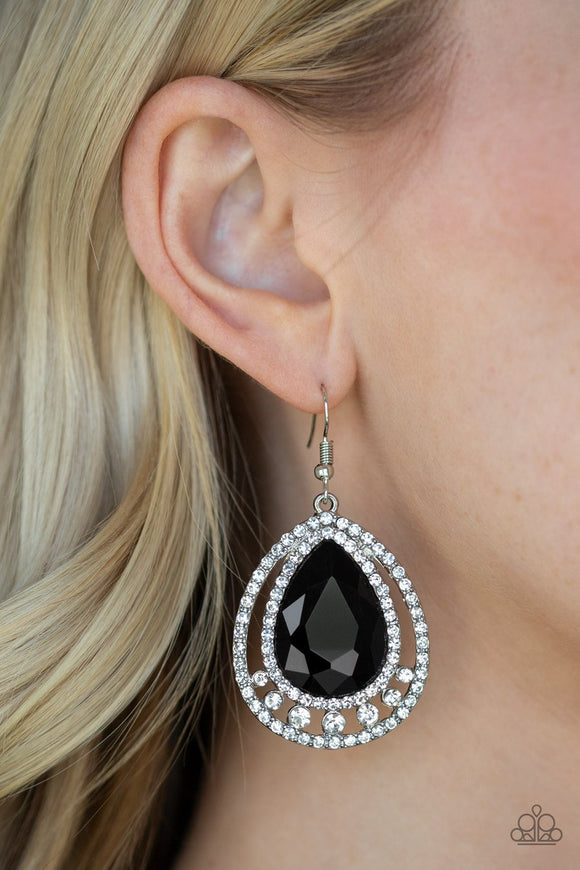 Paparazzi All Rise For Her Majesty - Black Teardrop Gem - White Rhinestones - Silver Earrings - Glitzygals5dollarbling Paparazzi Boutique 